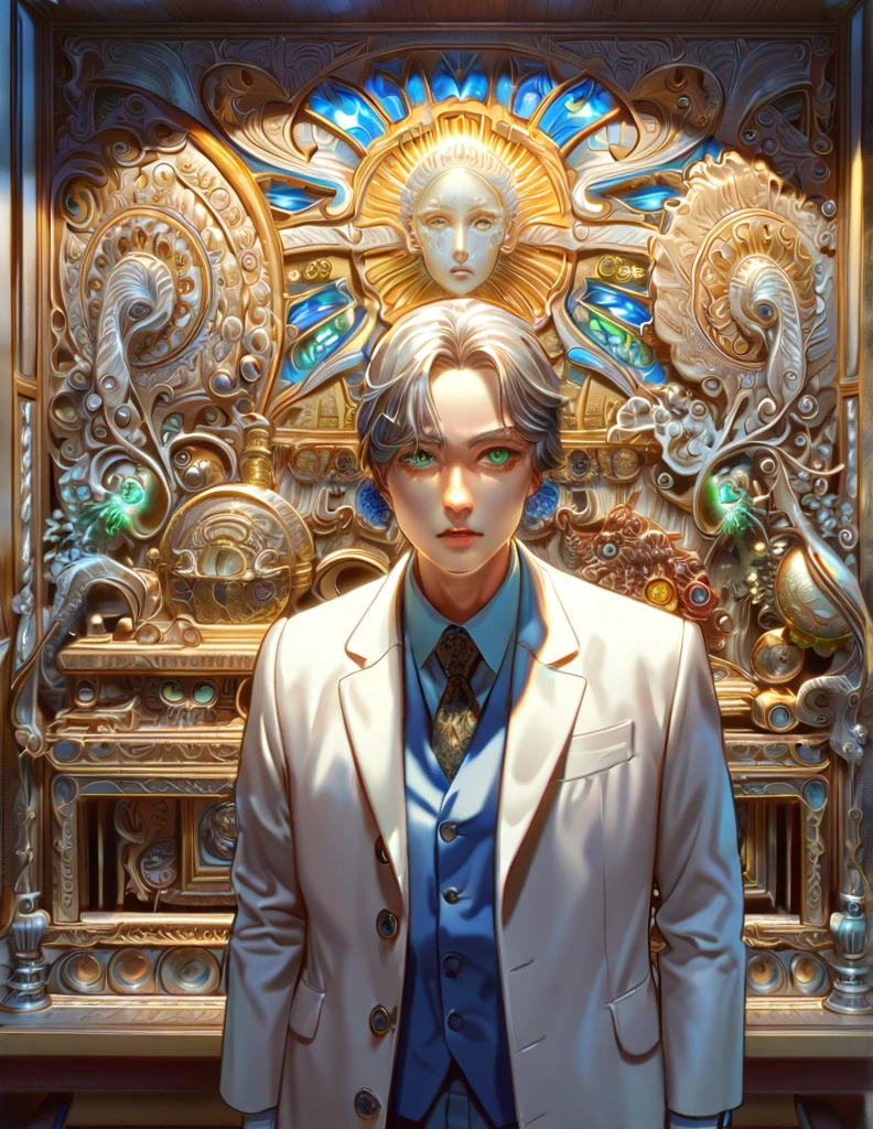 (absurdres, highres, ultra detailed, HDR) master piece, best quality, extremely detailed face, delicated features, scientist, 1boy, male, man, scientist's white coat, green eyes, tall