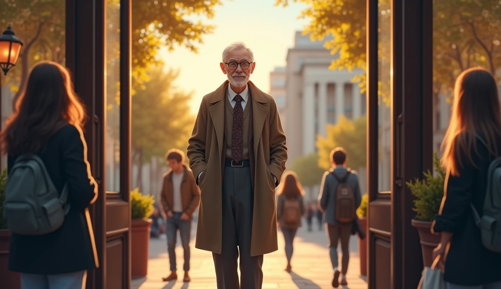 An elderly professor with a kind disposition, wearing glasses that reflected deep ancient wisdom, his eyes had a delicate glimmer that revealed his true nature, walking out of the university cafe, he passed by students, and the students bowed to greet him respectfully.