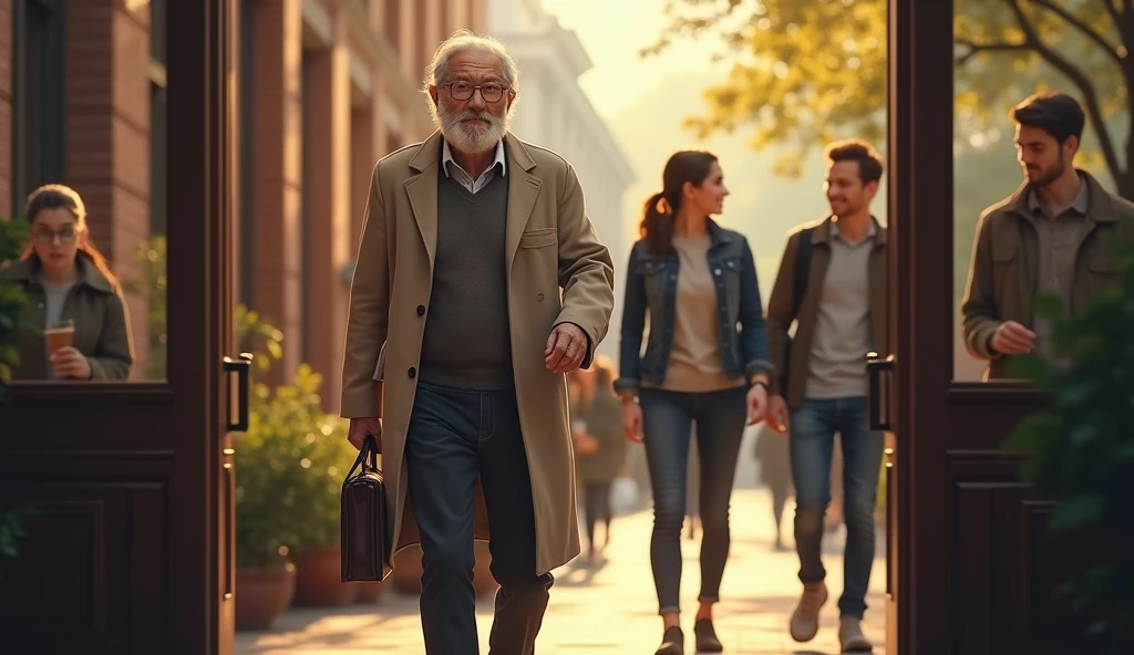 An elderly professor with a kind disposition, wearing glasses that reflected deep ancient wisdom, his eyes had a delicate glimmer that revealed his true nature, walking out of the university cafe, he passed by students, and the students bowed to greet him respectfully.
