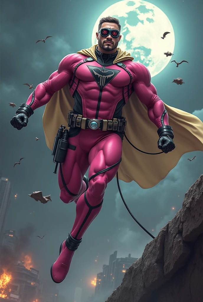Malaysia man in high-tech suit, vivid effects, malaysian superhero (KELUANG MAN) in a striking pink and brown beige costume cyberpunk design((, mask small mini bat ear beige,)) daredevil beige mask, jumpsuit dark pink stands confidently in a dramatic.jumping from high place.hero costume.one hand rise up. (Big triangle logo on the chest.high detail Punisher logo on the chest)). Fighting pose , stormy landscape. ((Head covered node guard like batman. Running pose , athletic body type, small mini ear bat mask))The character wears domino mask a helmet with pointed mini torn ears and a flowing cape biege, open nose and mouth. Equipped with visible futuristic weapons on a belt,bullet proof jacket pink dark day.show fingers pose, dark night, big supermoon effect . Small logo on chest triangle shape small punisher logo center triangle cyber logo center on chest pink logo mini logo . rocky. Building top.smoke ground , bomb effect background, losse pants, losses costume.adding to --ar 3:4 --style raw --stylize 500 --v 6.1. chaos. Lot of small flying bat. One leg on the high stone. Man. Backpack . Real man age 40 year old. One hand holding belt.one hand holding black rope hanging on building