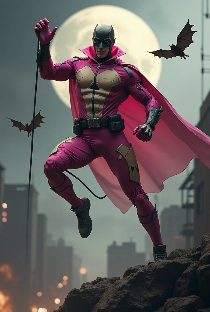 Malaysia man in high-tech suit, vivid effects, malaysian superhero (KELUANG MAN) in a striking pink and brown beige costume cyberpunk design, mask small mini bat ear beige, daredevil beige mask, jumpsuit dark pink stands confidently in a dramatic.jumping from high place.hero costume.one hand rise up. Big triangle logo on the chest.high detail Punisher logo on the chest. Fighting pose , stormy landscape. ((Head covered node guard like batman. Running pose , athletic body type, small mini ear bat mask))The character wears domino mask a helmet with pointed mini torn ears and a flowing cape biege, open nose and mouth. Equipped with visible futuristic weapons on a belt,bullet proof jacket pink dark day.show fingers pose, dark night, big supermoon effect . Small logo on chest triangle shape small punisher logo center triangle cyber logo center on chest pink logo mini logo . rocky. Building top.smoke ground , bomb effect background, losse pants, losses costume.adding to --ar 3:4 --style raw --stylize 500 --v 6.1. chaos. Lot of small flying bat. One leg on the high stone. Man. Backpack . Real man age 40 year old. One hand holding belt.one hand holding black rope hanging on building