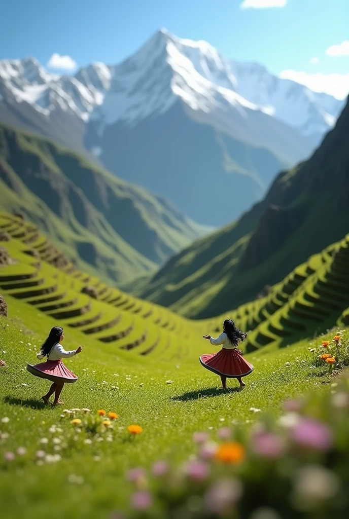 A diorama scene depicting a traditional huayno dance. The background should have an Andean landscape with high mountains, terraced fields. The sky is light blue, and the ground is covered with green grass with small colorful flowers. traditional huayno. Unfortunately there is no person in the image