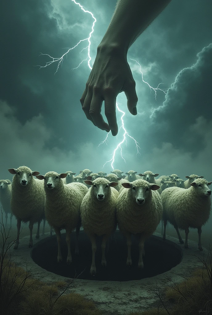SHEEP COMING OUT OF A HOLE, DARK SKY WITH LIGHTNING AND STORM AND A LARGE HAND EXTENDED TO HOLD THE SHEEP