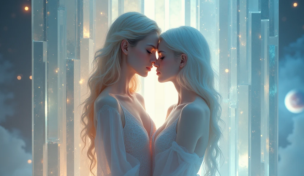 1 ethereal person, 1 physical person, tender encounter, crystal tower, planets, quartz, detailed faces, beautiful eyes, delicate skin, elegant pose, dreamlike atmosphere, soft lighting, pastel colors, cinematic, intricate details, photorealistic, 8k, high resolution, masterpiece, concept art