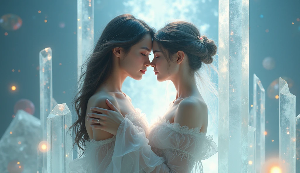 1 ethereal person, 1 physical person, tender encounter, crystal tower, planets, quartz, detailed faces, beautiful eyes, delicate skin, elegant pose, dreamlike atmosphere, soft lighting, pastel colors, cinematic, intricate details, photorealistic, 8k, high resolution, masterpiece, concept art