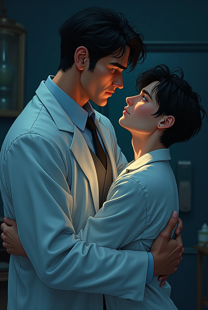 anime, a domineering man is holding a sick male scientist in his arms, male-male love, BL