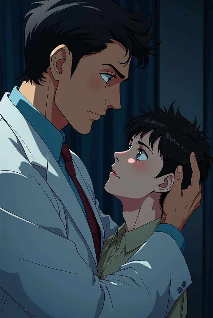 anime, a domineering man is holding a sick male scientist in his arms, male-male love, BL
