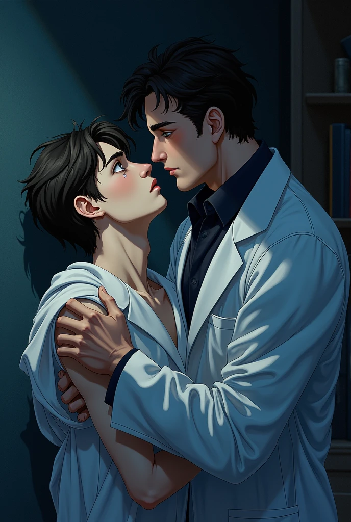 anime, a domineering man is holding a sick male scientist in his arms, male-male love, BL