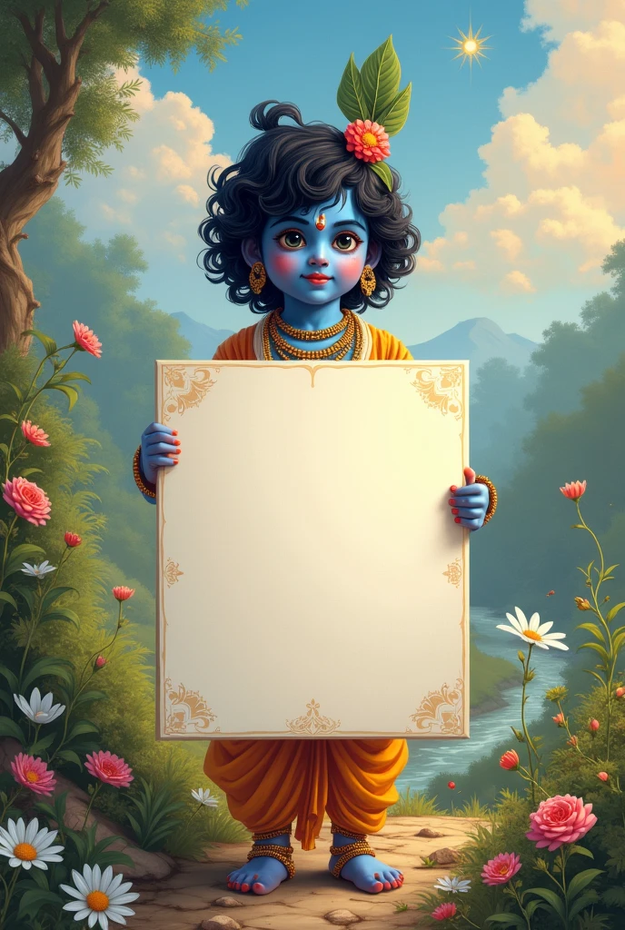 Littele krishna with a blank poster 
