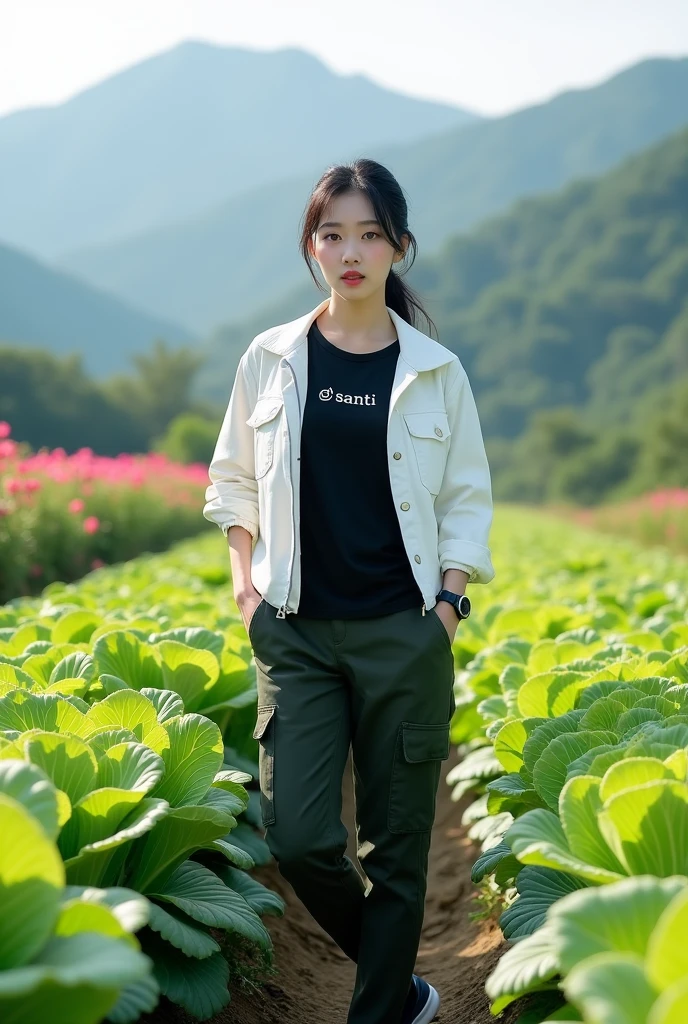 Beautiful Korean girl, smooth white skin, well-groomed face, tied black hair, posing in a very fertile and beautiful cabbage field, white jacket, black t-shirt with the Santi logo, cool watch, knee-length cargo pants, black shoes, mountain and flower background- beautiful flowers, real photos, realistic
