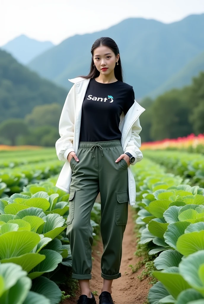 Beautiful Korean girl, smooth white skin, well-groomed face, tied black hair, posing in a very fertile and beautiful cabbage field, white jacket, black t-shirt with the Santi logo, cool watch, knee-length cargo pants, black shoes, mountain and flower background- beautiful flowers, real photos, realistic