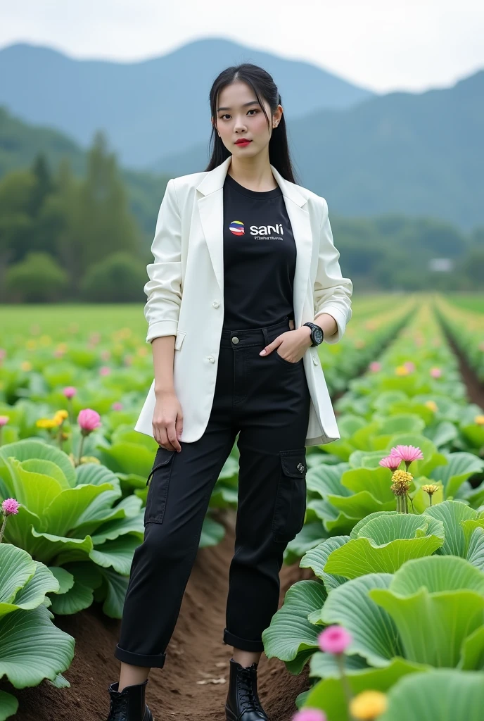 Beautiful Korean girl, smooth white skin, well-groomed face, tied black hair, posing in a very fertile and beautiful cabbage field, white jacket, black t-shirt with the Santi logo, cool watch, knee-length cargo pants, black shoes, mountain and flower background- beautiful flowers, real photos, realistic