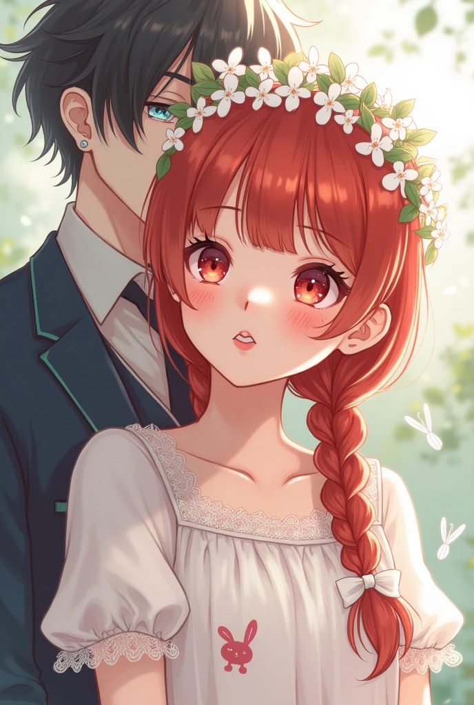 2d drawing of redhead teenager with waist-length braided hair, with white lolita dress with lace and bunny print. sweet face, Red pupils and soft freckles with a crown of white flowers.

and at his side a gentleman with serious gestures, He is attractive with white skin, layered black hair and light blue eyes, The one who wears a school uniform is overprotective and takes care of him.