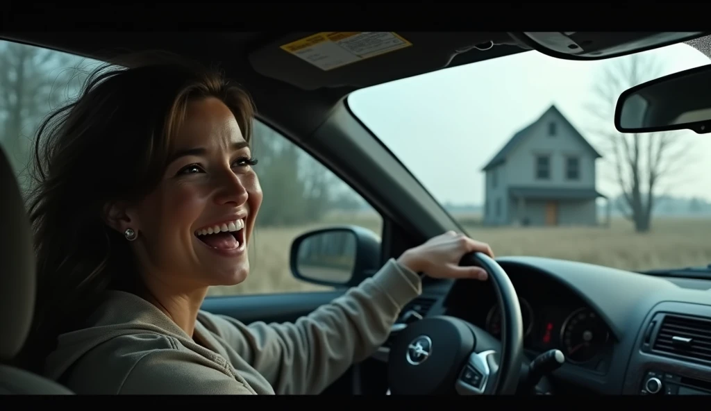 "Create an image featuring a person in the driver’s seat of a car, displaying a look of exhilaration or relief, as if they’ve just successfully escaped. The person should be looking over their shoulder with a sense of urgency, suggesting they’re aware of a recent close call. The car should be shown in motion, with blurred surroundings to emphasize speed and the successful escape. The background can include a distant view of an old, spooky house or ominous figures fading away, enhancing the sense of having just narrowly escaped a dangerous situation."