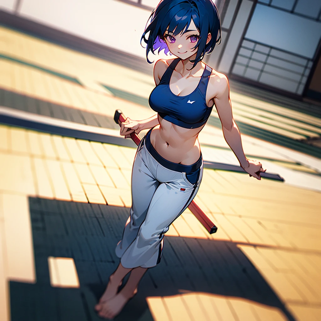 score_9, score_8_up, score_7_up, source_anime, Shinobu Kochou, exposed breasts, yoga pants, long legs, fighting stance, one leg up, standing, tiptoe, bare feet, dojo