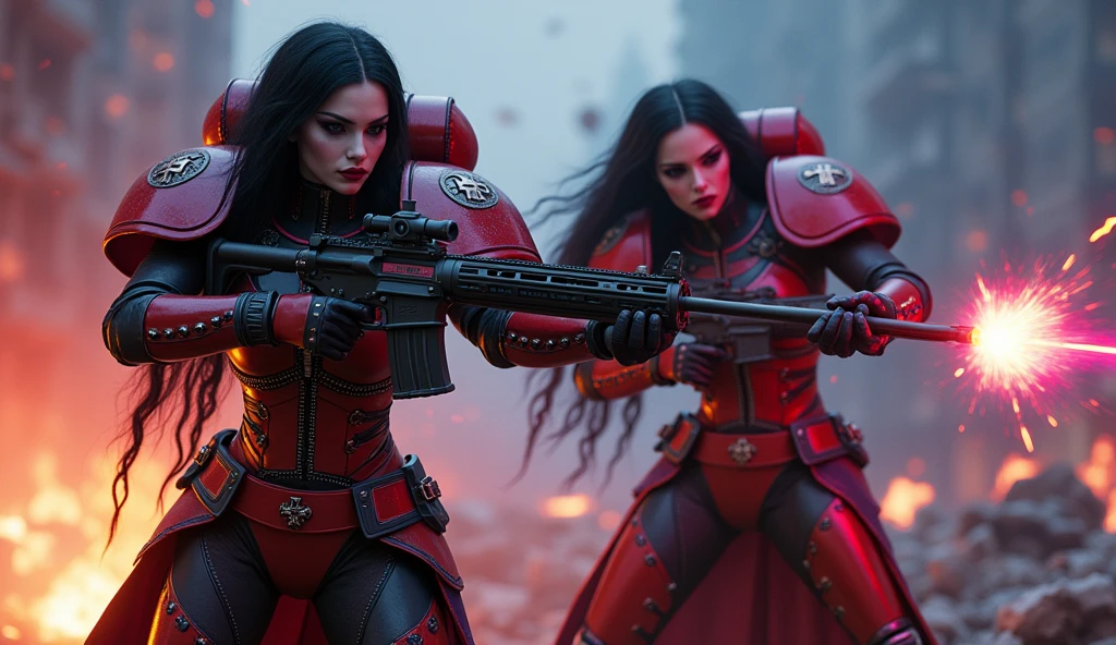 Full body pose sexy sisters of battle from the warhammer 40k, shooting at the enemy, red and black space marine armor with intricate details, religous symbols on the armor, sisters of battle, warhammer 40k, Massive silicone breast, pale skin, seductive, temptation, eat your soul, clevage, long flowing black hair with purple highlights, heavy gothic makeup, at night, neon, beautiful detailed eyes, beautiful detailed lips, extremely detailed eyes and face, long eyelashes, highly detailed armor, intricate futuristic weaponry, dramatic lighting, cinematic composition, muted color palette, gritty and realistic, mecha, science fiction, hyper-detailed, photorealistic, award winning digital art, 8k, HDR, masters work, in the middle of a battle field, full body combat action pose, explosions and fire around, full war, stunning, Stilleto heels, high heels, full body pose, cinematic, movie trailer, final stand!, nemesis, ready to strike, dust and debree, combat screams, attacking, shooting at the enemy, running forward, last line of defense, charging, fanatic, religious, templar knights, sisters of battle, warhammer 40k