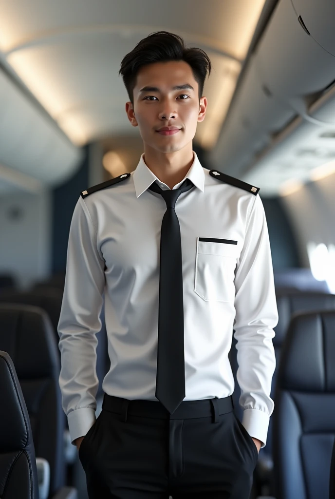 a picture of handsone male cabin crew in his late 20s, thai-chinese look, white skin, sleek, middle-parted hair, wearing a ver thin long sleeves white shirt, his tank top undershirt is obviously visible, have one pocket on his shirt without any logo, black pants, black tie, black shoulder badges, standing in cabin with both hands in his pockets