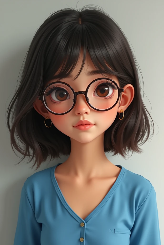 Teenager with dark brown hair, colombian, capul divided into two, light brown, small dreams/medium, dressed in a blue blouse, with and glasses , straight hair with waves at the end, face with a little more cheeks, 
Thin lenses and the blue is clear