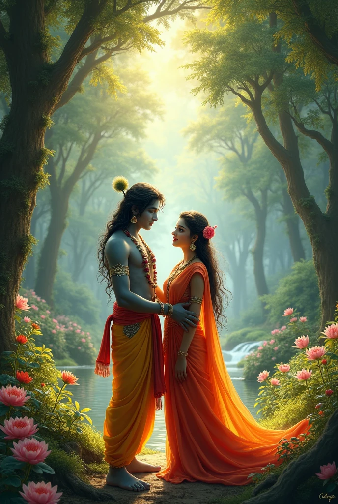 Shree Krishna with Radha ji in a forest 
