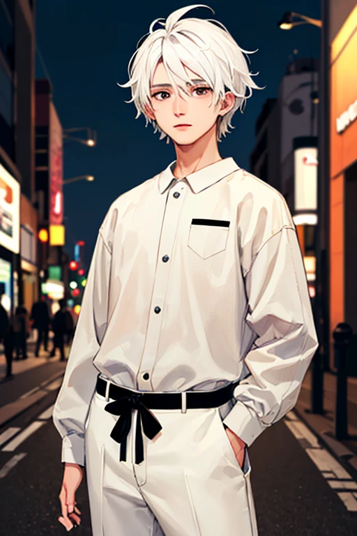 ((masterpiece)), (((best quality))), chromatic lighting,
colorized, white + black limited color palette,
detailed concept drawing,
Shibuya street fashion guy, no weird object on his face,
portrait, 20yo 1guy, slender, wide pants, short white hair, black eyes, posing