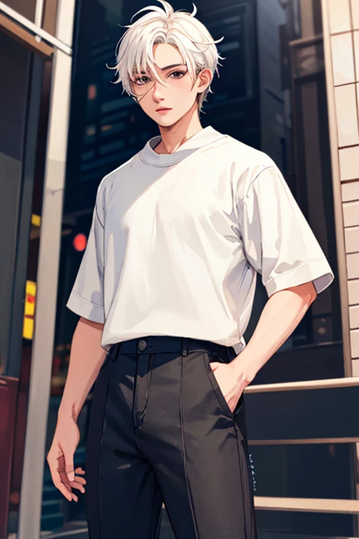 ((masterpiece)), (((best quality))), chromatic lighting,
colorized, white + black limited color palette,
detailed concept drawing,
Shibuya street fashion guy, no weird object on his face,
portrait, 20yo 1guy, slender, wide pants, short white hair, black eyes, posing