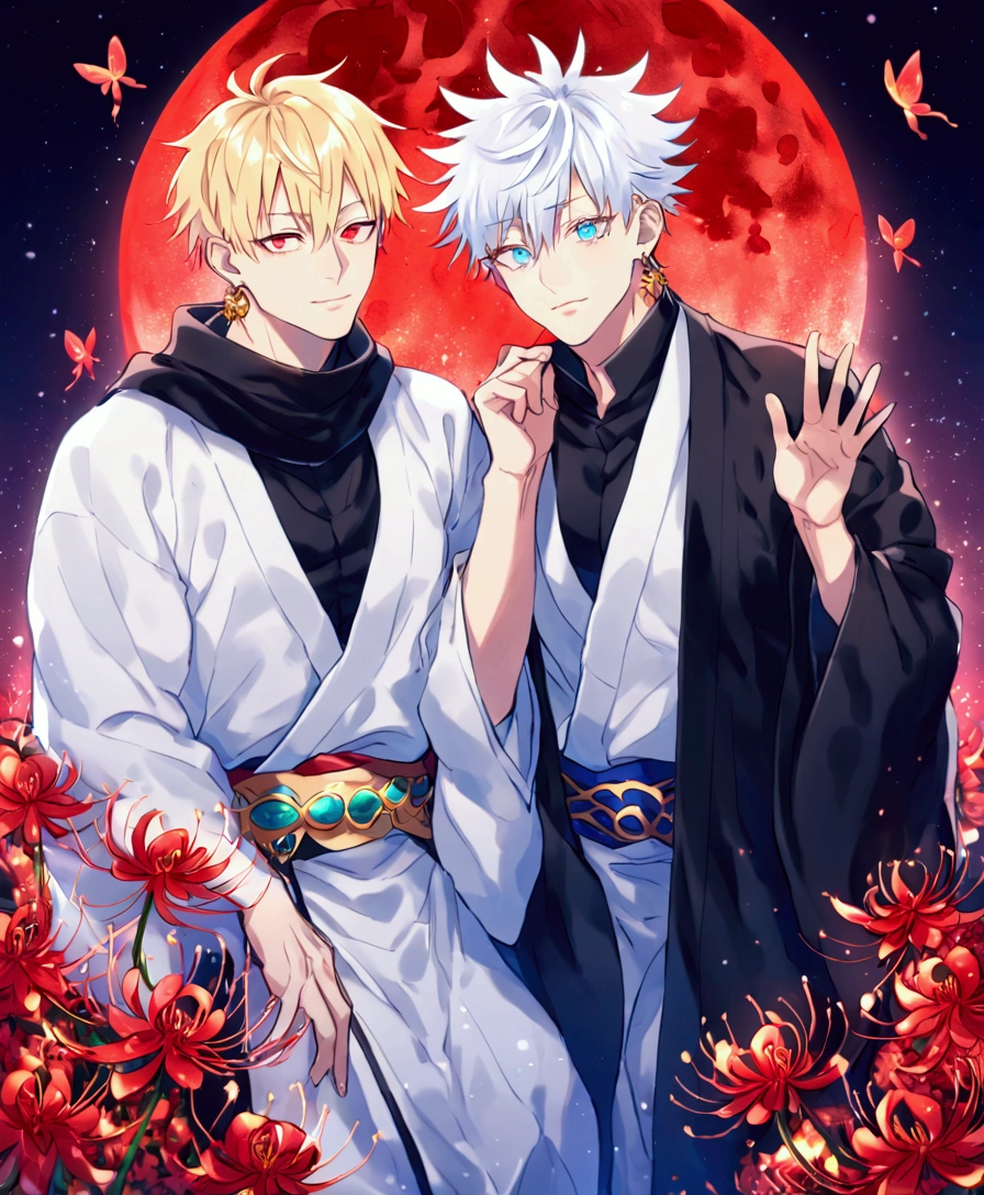 absurdres, highres, ultra detailed, HDR, master piece, best quality, extremely detailed, detailed eyes, detailed face, Gilgamesh, blonde hair, golden earrings, expressive red eyes, Fate Grand Order, Gojou Satoru, white hair, expressive blue eyes, white eyelashes, two sexy men together, manly men, yaoi, gay couple, handsome, fantasy, white kimono, black haori, arabian, red haori, starry red sky, red moon, red butterflies, red spider lilies, red leaves, magical, Jujutsu Kaisen, glass style