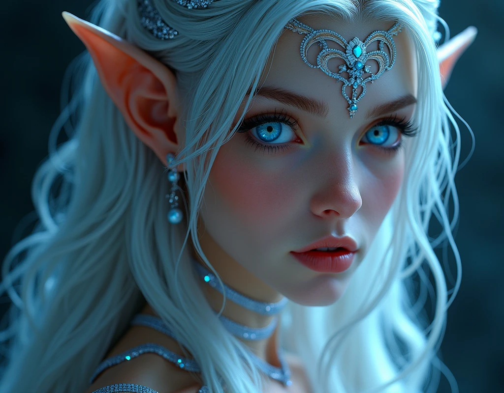 seductive blue and silver elf with golden hair and shiny particles, big bright sky blue eyes, sexy body, dressed in
a two-piece fantasy. beautiful elf with silky skin, with bright blue eyes, beautiful fairy sorceress, beautiful fantasy portrait, cute face. Dark fantasy, beautiful fantasy art, beautiful fantasy art portrait, detailed fantasy digital art, big bright detailed eyes, beautiful blue eyes, beautiful fairy, hyper realistic fantasy art, gorgeous digital art