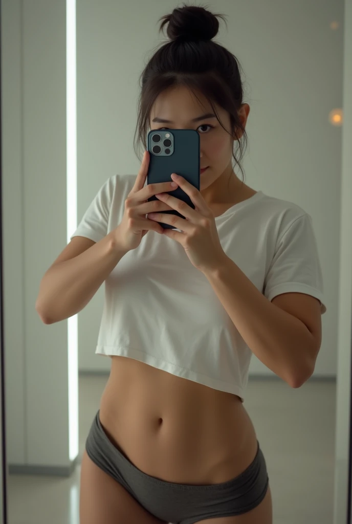 Woman taking a selfie in the mirror、Bun Hairstyle，The iPhone 12 Pro hides his entire face、I can&#39;t see your face、Beautiful woman、Muscular woman, Full Body Shot、Wearing a t-shirt, japanese, abs