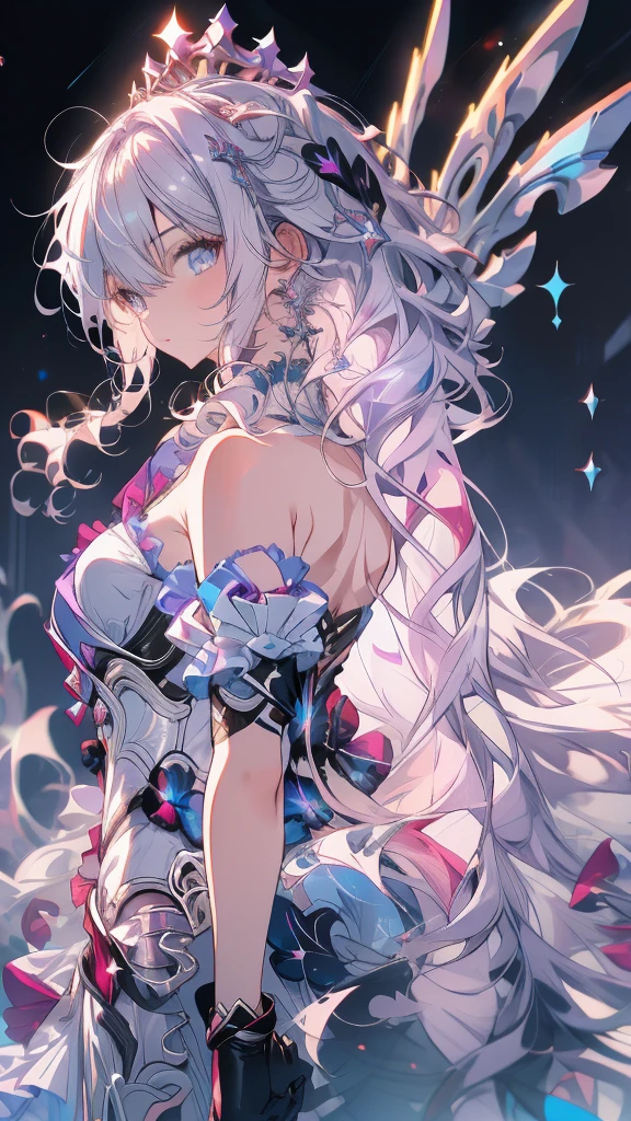 1 person, alone, whole body, (Highest quality,8k,High resolution,masterpiece:1.2),Very detailed,(anime), Lord of the End, Kiana \ (Serious Impact 3)very long white hair, blue eyes, alone, Very detailed顔の特徴, Fine and beautiful eyes, cute, Looking at the audience, Shooting from above, Fantasy Landscape, Bright colors, loose fitting dress, Rich details, Rich environment, Golden Ratio