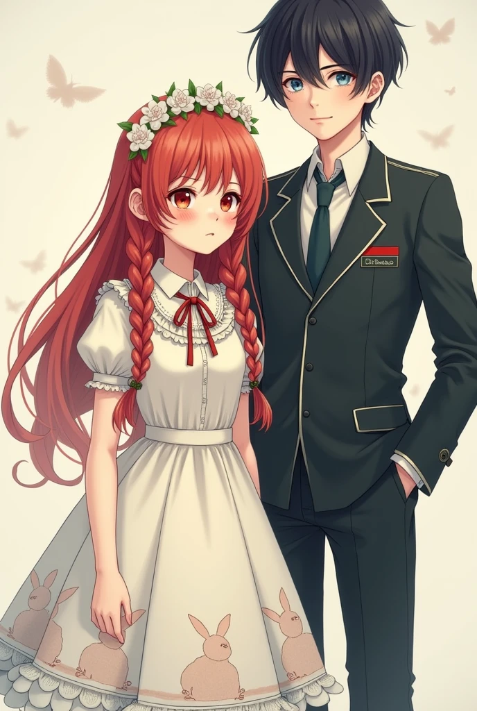 2d drawing of redhead teenager with waist-length braided hair, with white lolita dress with lace and bunny print. sweet face, Red pupils and soft freckles with a crown of white flowers.
and at his side a tall gentleman with serious gestures, He is attractive with white skin, layered black hair and light blue eyes, The one who wears a school uniform is overprotective and takes care of him.