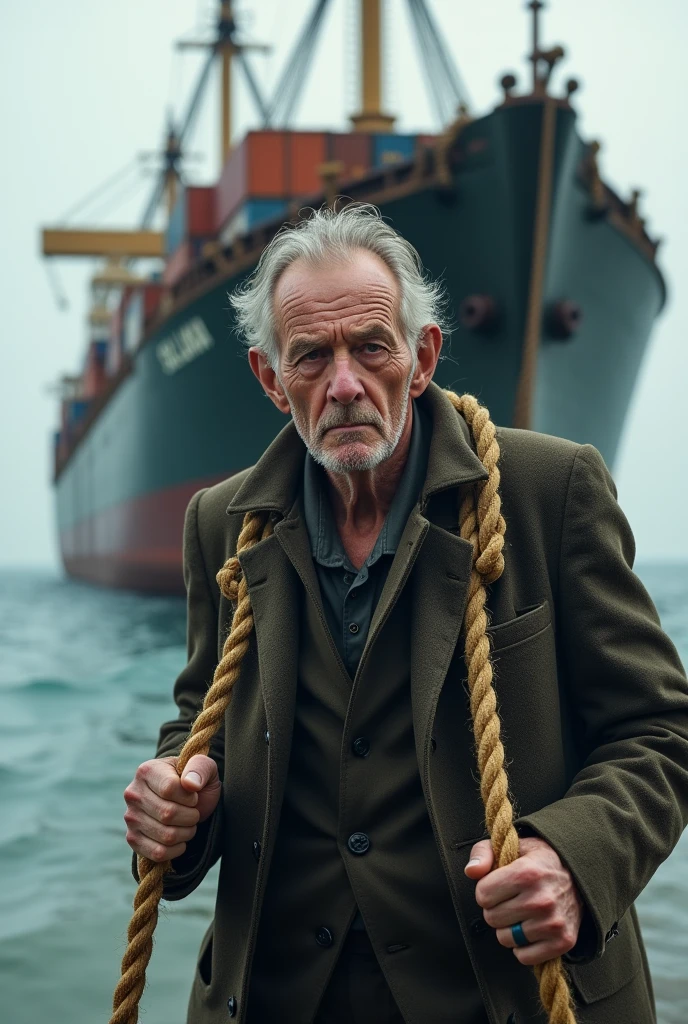 An aged businessman with coat and suit
pulling a full cargo ship named sri Lanka
from sea with rope on shoulders