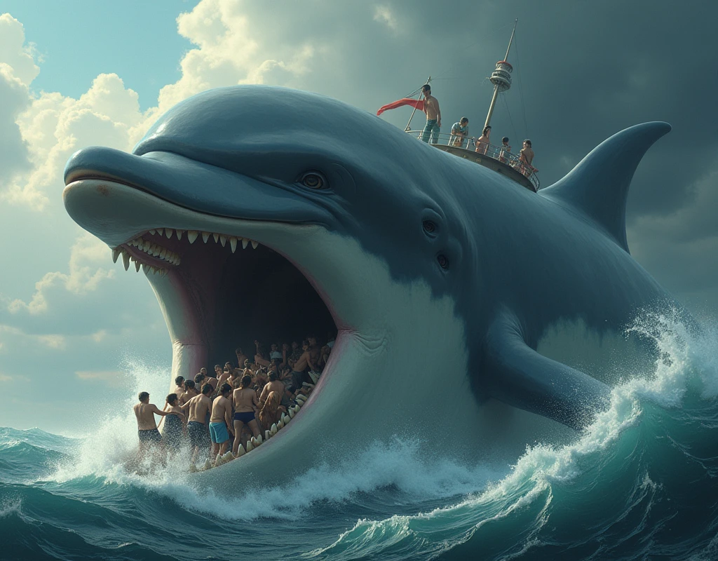 We need a huge image in this image a dolphin has taken half of the ship in its mouth and all the passengers of our ship are on the other side for help highlighted image