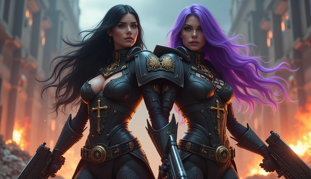 Full body pose sexy sisters of battle from the warhammer 40k, shooting at the enemy, revealing sapce marine armor with intricate details, religous symbols on the armor, sisters of battle, warhammer 40k, Massive silicone breast, pale skin, seductive, temptation, eat your soul, clevage, long flowing black hair with purple highlights, heavy gothic makeup, at night, neon, beautiful detailed eyes, beautiful detailed lips, extremely detailed eyes and face, long eyelashes, highly detailed armor, intricate futuristic weaponry, dramatic lighting, cinematic composition, muted color palette, gritty and realistic, mecha, science fiction, hyper-detailed, photorealistic, award winning digital art, 8k, HDR, masters work, in the middle of a battle field, full body combat action pose, explosions and fire around, full war, stunning, Stilleto heels, high heels, full body pose, cinematic, movie trailer, final stand!, nemesis, ready to strike, dust and debree, combat screams, attacking, shooting at the enemy, running forward, last line of defense, charging, fanatic, religious, templar knights, sisters of battle, warhammer 40k