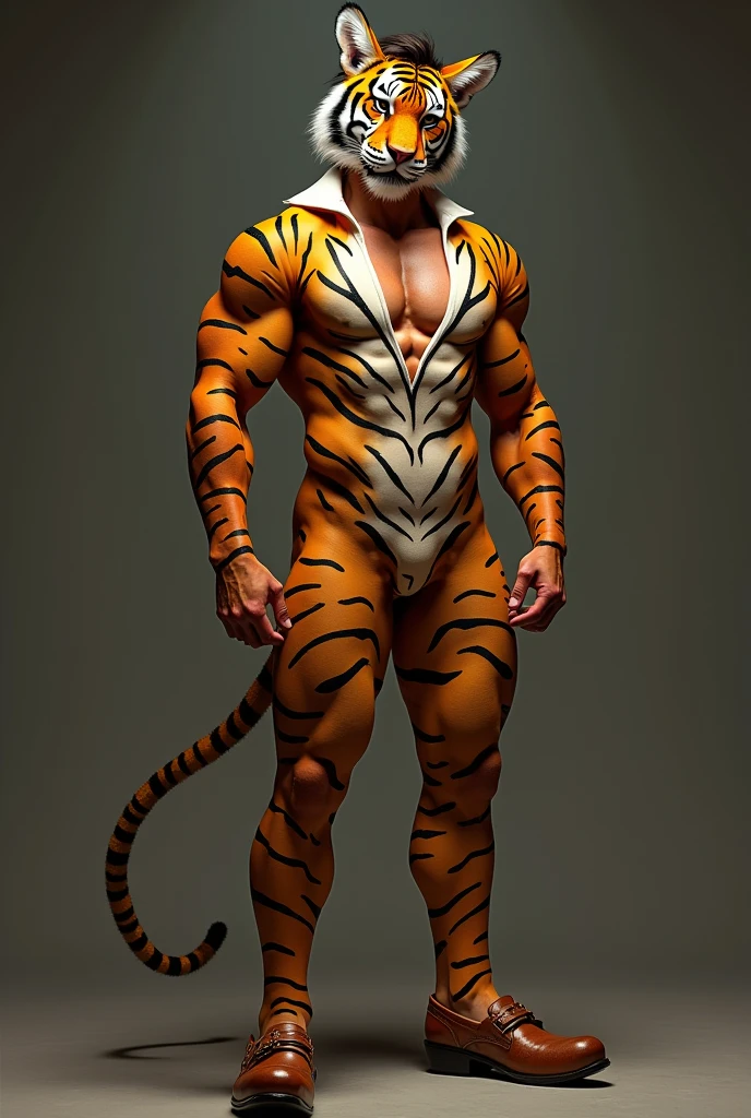 Clergyman with medium brown hair wearing sexy tiger outfit, with tiger ears and clogs