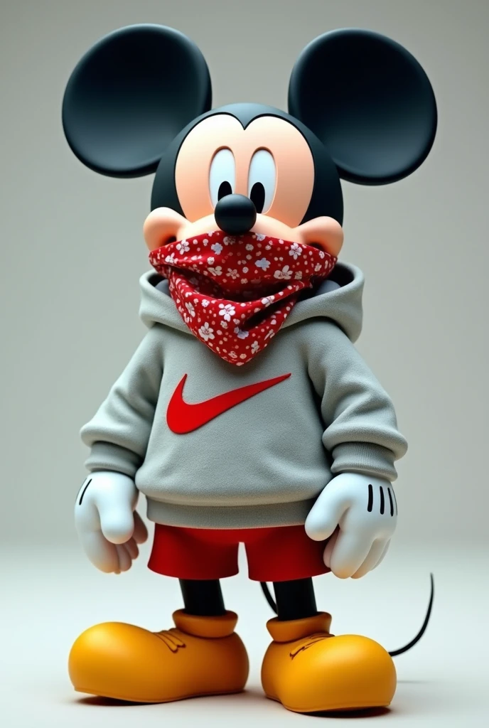 Create Mickey Mouse with a Nike sweatshirt and a bandana covering the face from the nose to the mouth in 3D