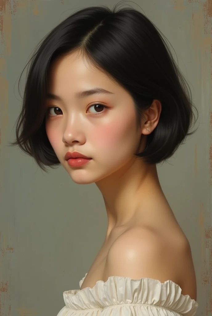 A short haired Filipina girl with white skin, portrait, Da Vinci style, semi-realism