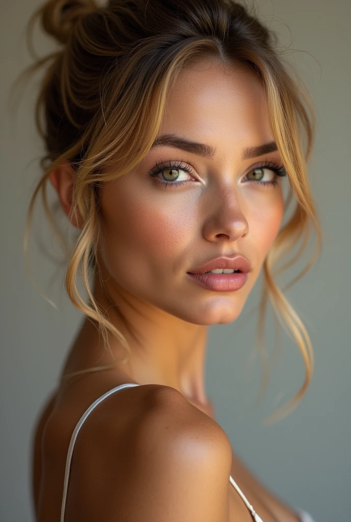 Puerto Rican girl, skinny face, lean, slim nose, highset perfect cheekbones, slim nose, thin cheekbones, hair in bun, dirty blonde, Diamond face shape, perfect lips, perfect jaw