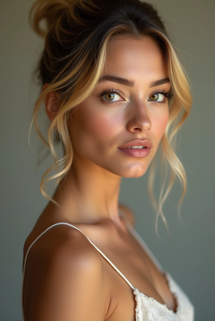 Puerto Rican girl, skinny face, lean, slim nose, highset perfect cheekbones, slim nose, thin cheekbones, hair in bun, dirty blonde, Diamond face shape, perfect lips, perfect jaw