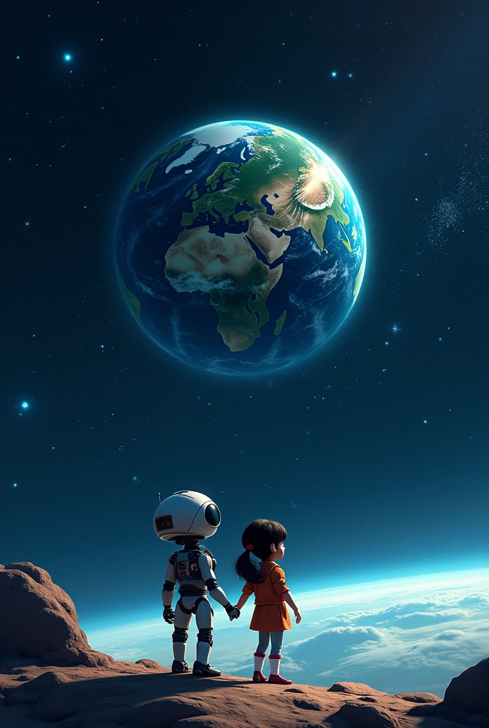 children's story: scene: The spaceship returning to Earth with Agustina and the robot looking at the planet from space.
Details: The ship approaching Earth and the stars in the background.