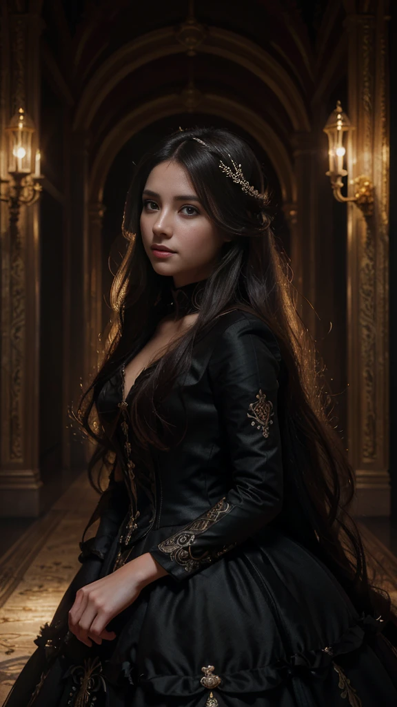 masterpiece, best quality, 1girl, solo, ((mature female)), round pupils, long hair, hair, princess, black dress, fantasy, happy, looking at viewer, cartoon, anime, (oil painting), intricate, detailed, cinematic lighting, volumetric lighting, dramatic shadows, dynamic composition, vibrant colors, dreamlike, elegant, serene