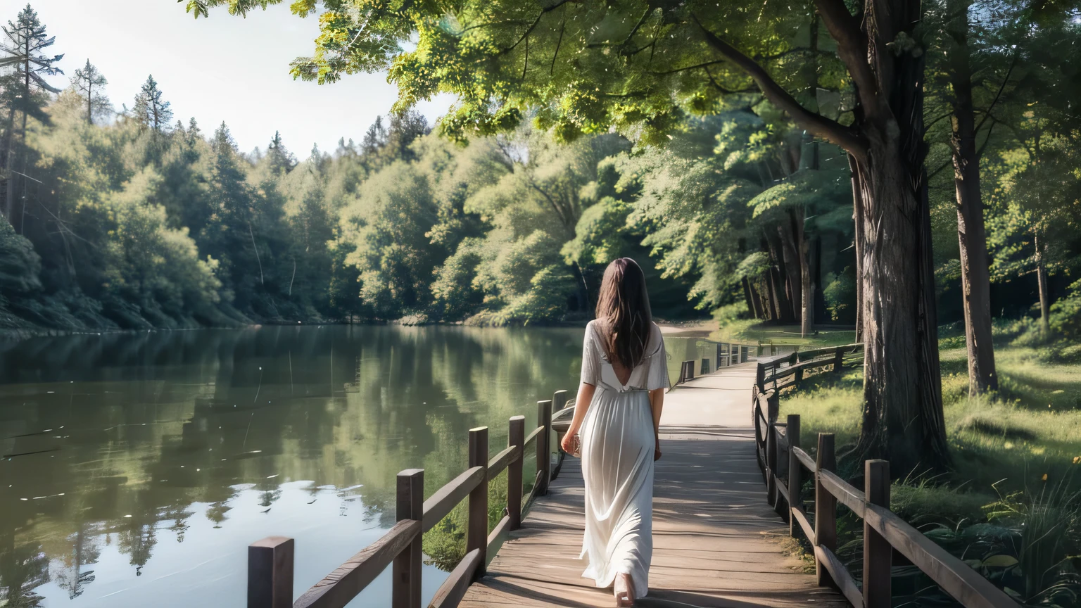 A serene scene featuring a woman walking away on a wooden pathway beside a calm body of water. The scene is bathed in soft, natural light, creating a peaceful atmosphere. The woman is dressed in a long, flowing, light-colored dress, and her hair is gently tousled by a light breeze. The surrounding nature includes greenery and a hint of soft sunlight filtering through trees, emphasizing tranquility. No text in the image.