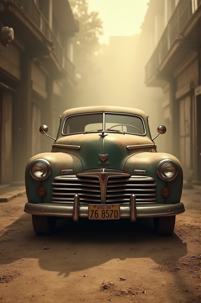 A old car is standing, look like old picture, dust , the light is on