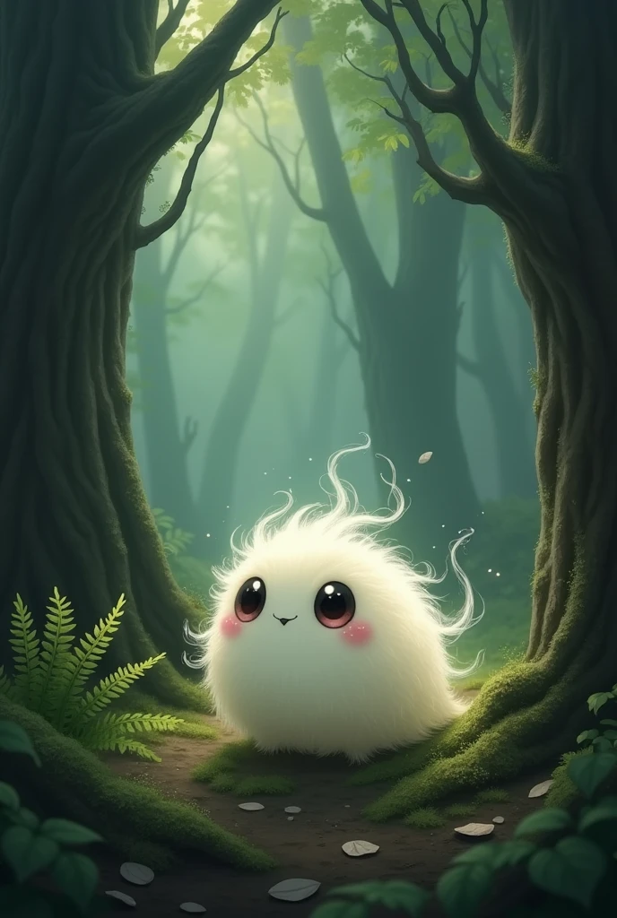 Little dark forest creature, Very few, white, round, bright, Hairy in the heart of the forest