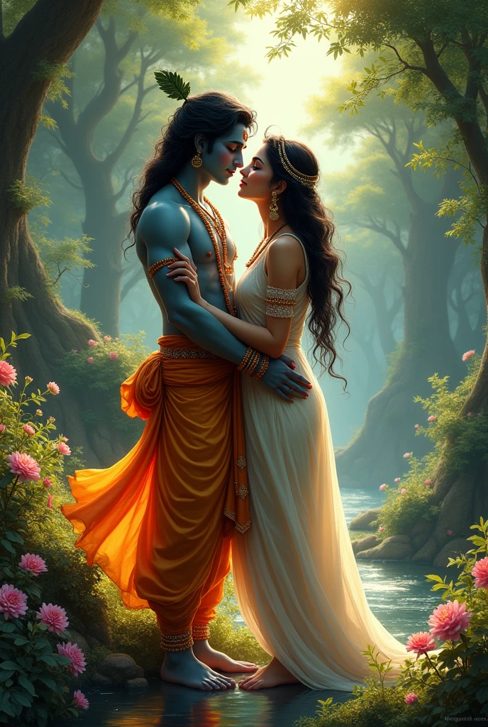 Most beautiful images Shree Krishna with Radha ji in a forest 
