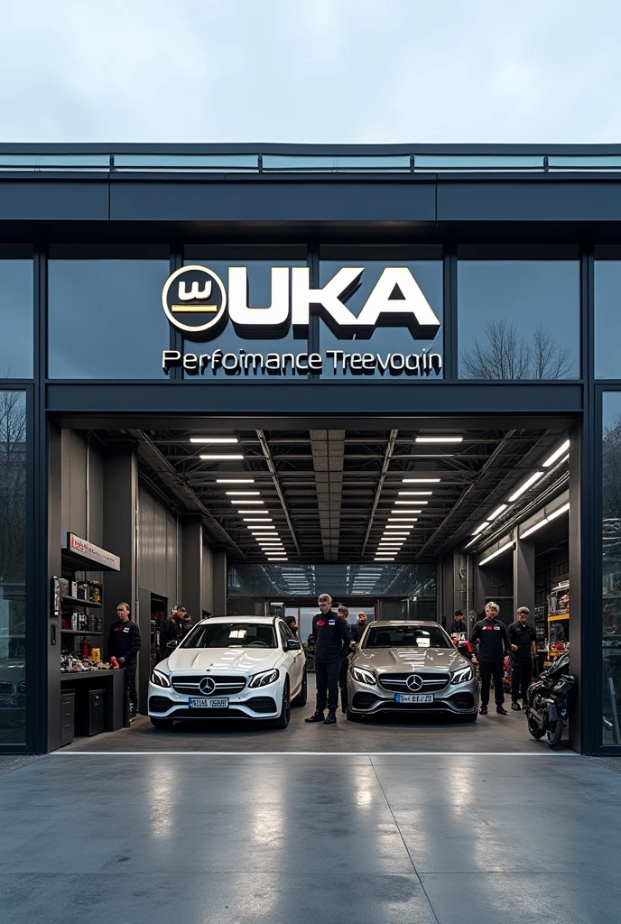 Create a detailed image of a modern automotive workshop in Germany named ‘Uka Performance Technik.’ The workshop features a large glass facade with the ‘Uka Performance Technik’ logo above the entrance. The roof has a prominent ‘UKA’ emblem styled like the AMG logo. Inside, luxury cars like Mercedes, BMW, and Porsche are being worked on by mechanics in branded uniforms. The workshop is clean, organized, and equipped with advanced tools, showcasing a professional and high-performance environment.