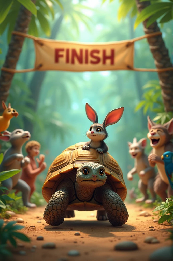Scene 5: Tortoise Reaching the Finish Line"The tortoise crossing the finish line with a determined look, while the rabbit is seen in the background, waking up and realizing the tortoise has won. The finish line is marked by a simple banner tied between two trees, with jungle animals cheering in the background."