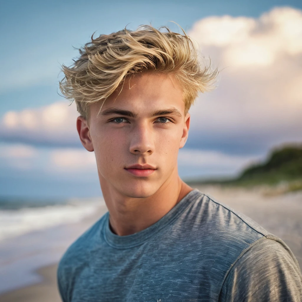 (Hendrik Giesler) photography, Young male perfection, 18 ans, strong jawline, no cleft chin, full lips, Roman nose, short blonde hair, hazel eyes, hyper-realistic, 8k --v 4, best quality, ((wearing casual clothes)), gorgeous, at the beach, blur background, beautifully detailed sky, (dynamic pose:1), soft lighting, wind