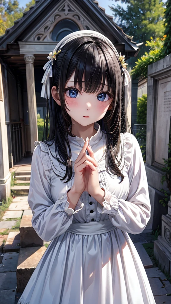 Very detailed、Accurate Fingers、high resolution、Ghost Girl、White long sleeve dress、cute、Black Hair、A fragile face peering at me、beautiful、Abandoned Church、Stone statue of the goddess