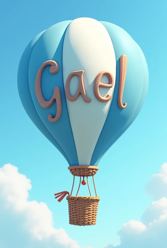 blue and white animated hot air balloon that says "Gael"