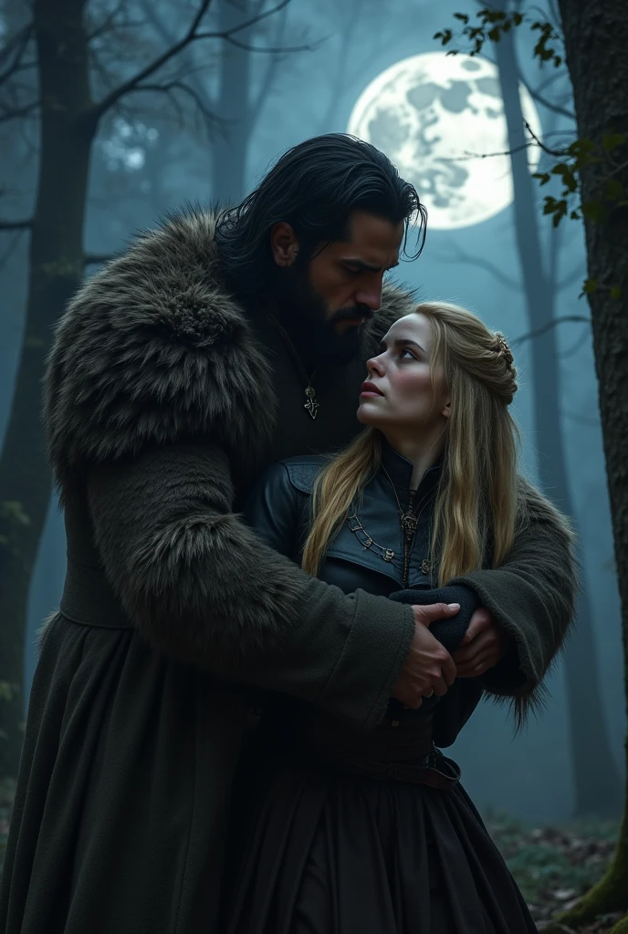A woman young, blonde hair golden colored strands, 20 year, dressed in Sansa Stark style, being grabbed in the forest on a full moon night by a 30 year old man, Cao Cao, taller than the young woman, e stark, brawny, short black hair, stark, scruffy beard, Jhon snow style, he is only dressed with his pants underneath, her upper muscles exposed She is trying to get away from him, and he grabbed her tightly, only the man has red eyes